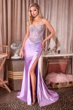 CD CD736 - Strapless Stretch Satin Fit & Flare Prom Gown with Sheer Crystal Embellished Bodice Leg Slit & Lace Up Corset Back PROM GOWN Cinderella Divine 0 Lavender