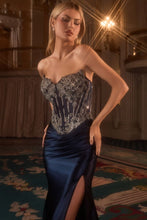 CD CD736 - Strapless Stretch Satin Fit & Flare Prom Gown with Sheer Crystal Embellished Bodice Leg Slit & Lace Up Corset Back PROM GOWN Cinderella Divine