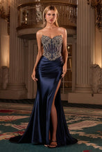 CD CD736 - Strapless Stretch Satin Fit & Flare Prom Gown with Sheer Crystal Embellished Bodice Leg Slit & Lace Up Corset Back PROM GOWN Cinderella Divine 0 Navy