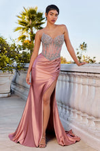 CD CD736 - Strapless Stretch Satin Fit & Flare Prom Gown with Sheer Crystal Embellished Bodice Leg Slit & Lace Up Corset Back PROM GOWN CINDERELLA DIVINE 0 RoseGold/Blush