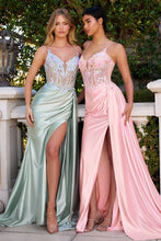 CD CD742 - 3D Floral Embellished Stretch Satin Fit & Flare Prom Gown with Sheer Bodice Leg Slit & SIde Sash PROM GOWN Cinderella Divine