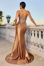 CD CD744 - Stretch Satin Metallic Fit & Flare Prom Gown with Sheer Crystal Beaded Sweetheart Bodice & Leg Slit PROM GOWN Cinderella Divine