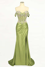 CD CD745 - Off the Shoulder Satin Fit & Flare Prom Gown with Sheer Floral Beaded Bodice Leg Slit & Open Lace Up Back PROM GOWN Cinderella Divine 0 Greenery