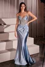 CD CD752 - Stretch Satin Fit & Flare Prom Gown with Sheer In-Line Beaded Bodice & Gathered Waist PROM GOWN Cinderella Divine 0 Dusty Blue