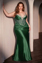 CD CD752C - Plus Size Stretch Satin Fit & Flare Prom Gown with Sheer In-Line Beaded Bodice & Gathered Waist PROM GOWN Cinderella Divine 18 Emerald
