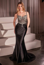 CD CD757 - Satin Fit & Flare Prom Gown with Sheer Crystal Embellished Bodice & Gathered Waist PROM GOWN Cinderella Divine 0 Black