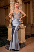 CD CD757 - Satin Fit & Flare Prom Gown with Sheer Crystal Embellished Bodice & Gathered Waist PROM GOWN Cinderella Divine 0 Dusty Blue