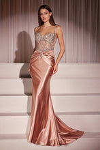 CD CD757 - Satin Fit & Flare Prom Gown with Sheer Crystal Embellished Bodice & Gathered Waist PROM GOWN CINDERELLA DIVINE 0 Rose gold