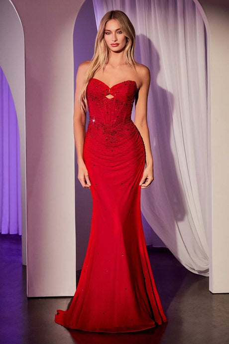 CD CD768 - Strapless Rhinestone Embellished Fit & Flare Prom Gown with Keyhole Bodice PROM GOWN Cinderella Divine 0 Red