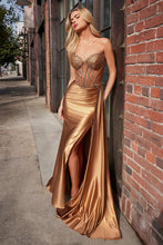 CD CD773 - Strapless Shimmer Stretch Satin Fit & Flare Prom Gown with Sheer Crystal Embellished Bodice Leg Slit & Side Sash PROM GOWN Cinderella Divine 0 Sienna Gold