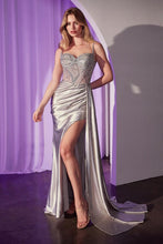 CD CD774 - Stretch Satin Fit & Flare Prom Gown with Crystal Accented Sheer Bodice Leg Slit & Side Sash PROM GOWN CINDERELLA DIVINE 0 Silver