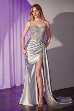 CD CD774 - Stretch Satin Fit & Flare Prom Gown with Crystal Accented Sheer Bodice Leg Slit & Side Sash PROM GOWN CINDERELLA DIVINE