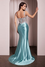 CD CD775 - Stretch Satin Fit & Flare Prom Gown with Sheer Bead Embellished Bodice & Leg Slit PROM GOWN Cinderella Divine