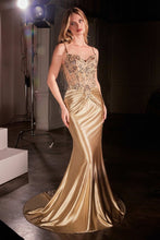 CD CD776 - Stretch Satin Fit & Flare Prom Gown with Sheer Boned Beaded Lace Bodice & Pleated Waist PROM GOWN Cinderella Divine 0 Gold