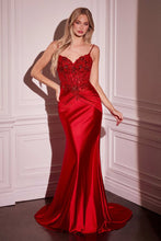 CD CD776 - Stretch Satin Fit & Flare Prom Gown with Sheer Boned Beaded Lace Bodice & Pleated Waist PROM GOWN Cinderella Divine 0 Red