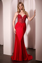 CD CD779 - Stretch Satin Fit & Flare Prom Gown with Crystal Embellished Bodice & Pleated Waist PROM GOWN CINDERELLA DIVINE Red 2