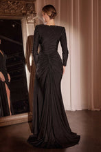 CD CD788 - Long Sleeve Beaded Embellished Stretch Satin Gown with Gathered Waist & Leg Slit Mother of the Bride Cinderella Divine Black 6