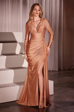 CD CD788 - Long Sleeve Beaded Embellished Stretch Satin Gown with Gathered Waist & Leg Slit Mother of the Bride CINDERELLA DIVINE Rose gold 6