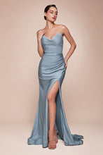 CD CD791 - Strapless Stretch Satin Fit & Flare Prom Gown with Gathered Waist Lace Up Corset Back & Leg Slit PROM GOWN Cinderella Divine 2 Dusty Blue