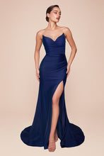 CD CD791 - Strapless Stretch Satin Fit & Flare Prom Gown with Gathered Waist Lace Up Corset Back & Leg Slit PROM GOWN Cinderella Divine 2 Navy