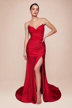 CD CD791 - Strapless Stretch Satin Fit & Flare Prom Gown with Gathered Waist Lace Up Corset Back & Leg Slit PROM GOWN Cinderella Divine 2 Red