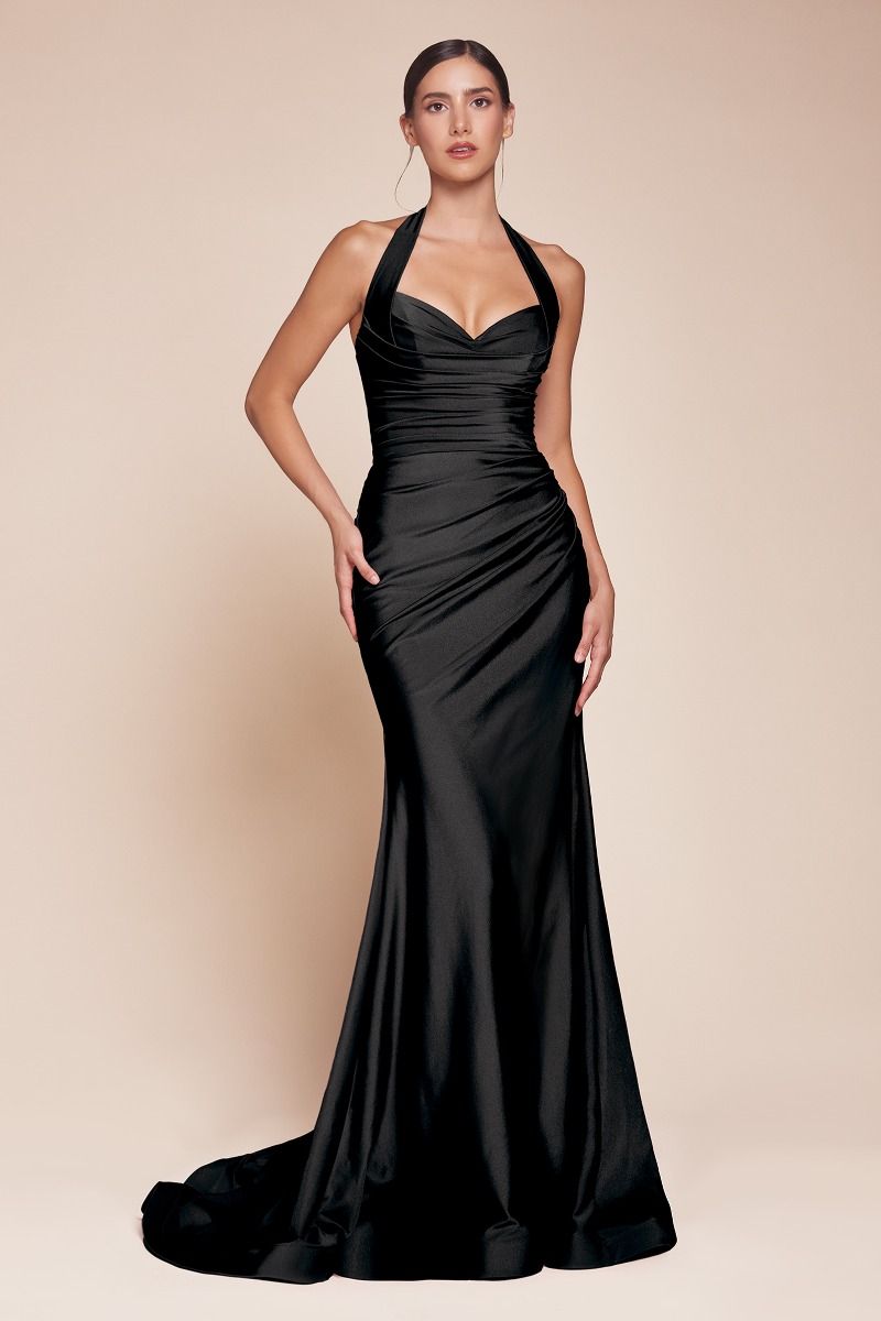 CD CD796 Stretch Satin Fit Flare Prom Gown with Halter
