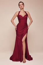 CD CD796 - Stretch Satin Fit & Flare Prom Gown with Halter Sweetheart Neck Gathered Waist & Leg Slit PROM GOWN CINDERELLA DIVINE Burgundy 4