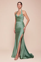 CD CD796 - Stretch Satin Fit & Flare Prom Gown with Halter Sweetheart Neck Gathered Waist & Leg Slit PROM GOWN CINDERELLA DIVINE Dark Sage 4