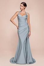 CD CD796 - Stretch Satin Fit & Flare Prom Gown with Halter Sweetheart Neck Gathered Waist & Leg Slit PROM GOWN Cinderella Divine