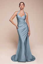 CD CD796 - Stretch Satin Fit & Flare Prom Gown with Halter Sweetheart Neck Gathered Waist & Leg Slit PROM GOWN CINDERELLA DIVINE Dusty Blue 4