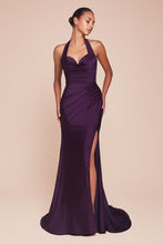 CD CD796 - Stretch Satin Fit & Flare Prom Gown with Halter Sweetheart Neck Gathered Waist & Leg Slit PROM GOWN Cinderella Divine Eggplant 4