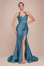 CD CD796 - Stretch Satin Fit & Flare Prom Gown with Halter Sweetheart Neck Gathered Waist & Leg Slit PROM GOWN Cinderella Divine