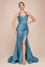 CD CD796 - Stretch Satin Fit & Flare Prom Gown with Halter Sweetheart Neck Gathered Waist & Leg Slit PROM GOWN CINDERELLA DIVINE Blue 4