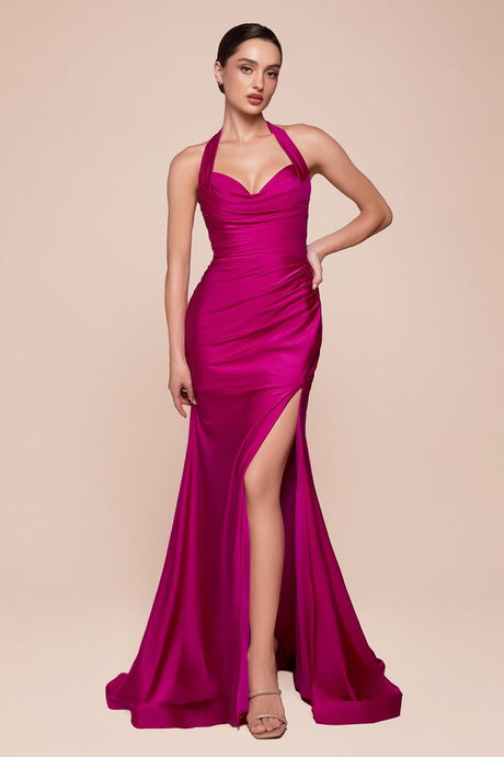 CD CD796C - Plus Size Stretch Satin Fit & Flare Formal Gown with Halter Neck Gathered Waist & Leg Slit PROM GOWN Cinderella Divine 18 Magenta
