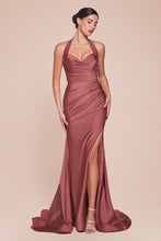 CD CD796 - Stretch Satin Fit & Flare Prom Gown with Halter Sweetheart Neck Gathered Waist & Leg Slit PROM GOWN Cinderella Divine