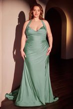 CD CD796C - Plus Size Stretch Satin Fit & Flare Formal Gown with Halter Neck Gathered Waist & Leg Slit PROM GOWN Cinderella Divine 18 Dark Sage
