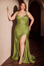 CD CD796C - Plus Size Stretch Satin Fit & Flare Formal Gown with Halter Neck Gathered Waist & Leg Slit PROM GOWN Cinderella Divine 18 Greenery