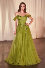 CD CD799 - Off the Shoulder A-Line Prom Gown with Boned Lace Floral Appliqué & Layered Glitter Tulle Skirt PROM GOWN CINDERELLA DIVINE Greenery 6