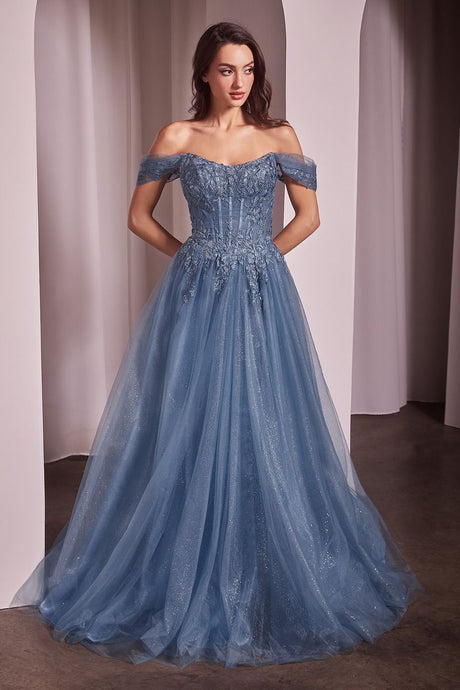 CD CD799 - Off the Shoulder A-Line Prom Gown with Boned Lace Floral Appliqué & Layered Glitter Tulle Skirt PROM GOWN CINDERELLA DIVINE Smoky Blue 6