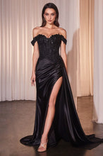 CD CD803 - Off the Shoulder Stretch Satin Fit & Flare Prom Gown with Sheer Boned Beaded Lace Bodice High Leg Slit & Side Sash PROM GOWN Cinderella Divine 4 Black 