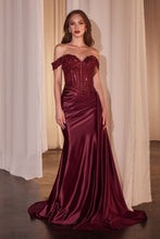 CD CD803 - Off the Shoulder Stretch Satin Fit & Flare Prom Gown with Sheer Boned Beaded Lace Bodice High Leg Slit & Side Sash PROM GOWN Cinderella Divine 4 Burgundy 