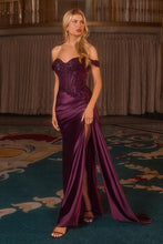 CD CD803 - Off the Shoulder Stretch Satin Fit & Flare Prom Gown with Sheer Beaded Lace Corset Bodice Leg Slit & Side Sash PROM GOWN Cinderella Divine 4 Eggplant