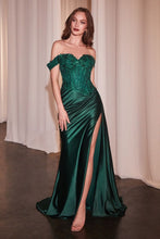 CD CD803 - Off the Shoulder Stretch Satin Fit & Flare Prom Gown with Sheer Boned Beaded Lace Bodice High Leg Slit & Side Sash PROM GOWN Cinderella Divine 2 Emerald 