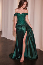 CD CD803 - Off the Shoulder Stretch Satin Fit & Flare Prom Gown with Sheer Boned Beaded Lace Bodice High Leg Slit & Side Sash PROM GOWN Cinderella Divine 4 Emerald 