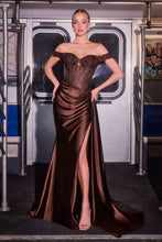 CD CD803 - Off the Shoulder Stretch Satin Fit & Flare Prom Gown with Sheer Beaded Lace Corset Bodice Leg Slit & Side Sash PROM GOWN Cinderella Divine 2 Expresso