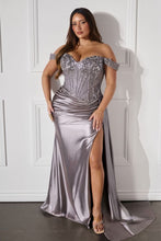 CD CD803 - Off the Shoulder Stretch Satin Fit & Flare Prom Gown with Sheer Beaded Lace Corset Bodice Leg Slit & Side Sash PROM GOWN Cinderella Divine