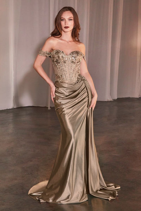 CD CD803 - Off the Shoulder Stretch Satin Fit & Flare Prom Gown with Sheer Boned Beaded Lace Bodice High Leg Slit & Side Sash PROM GOWN Cinderella Divine 4 Mocha Gold 