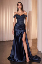 CD CD803 - Off the Shoulder Stretch Satin Fit & Flare Prom Gown with Sheer Boned Beaded Lace Bodice High Leg Slit & Side Sash PROM GOWN Cinderella Divine 4 Navy 