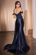 CD CD803 - Off the Shoulder Stretch Satin Fit & Flare Prom Gown with Sheer Boned Beaded Lace Bodice High Leg Slit & Side Sash PROM GOWN Cinderella Divine   