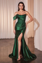 CD CD804 - Off The Shoulder Stretch Satin Fit & Flare Prom Gown with Lace Embellished Boned Bodice & Leg Slit PROM GOWN Cinderella Divine 4 Emerald